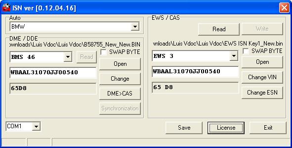 BMW ISN tool  Software for synchronization between EWS DME DDE CAS on BMW cars.